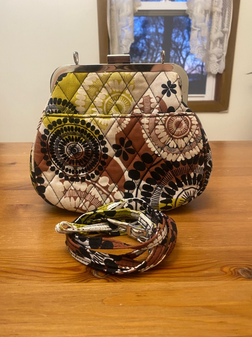 Vera Bradley Quilted Floral Frame Crossbody in Brown, Olive & Cream